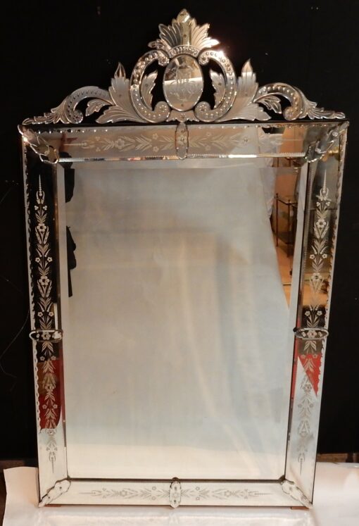 1900's Venetian Mirror with Floral Decor and Pediment 173 x 101 cm