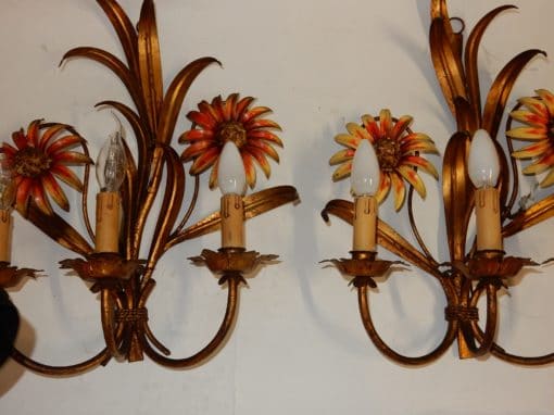1970 'Pair of Painted Metal Sconces With Sunflower Decor 3 Arms Of Light - Image 7