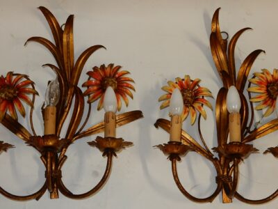 1970 'Pair of Painted Metal Sconces With Sunflower Decor 3 Arms Of Light