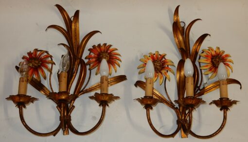 1970 'Pair of Painted Metal Sconces With Sunflower Decor 3 Arms Of Light