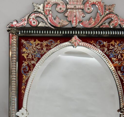 1880/1900 Venitian Mirror With Pediment, Red Color Glass Support Adorned with Flowers - Image 7