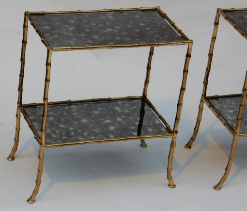 1950/70' Paire de Tables en Bronze Doré à 2 Niveaux Maison Baguès Plateaux Miroirs Vieillis Oxydés 38 X 21 cm – Image 5
