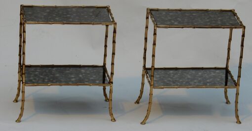 1950/70' Paire de Tables en Bronze Doré à 2 Niveaux Maison Baguès Plateaux Miroirs Vieillis Oxydés 38 X 21 cm