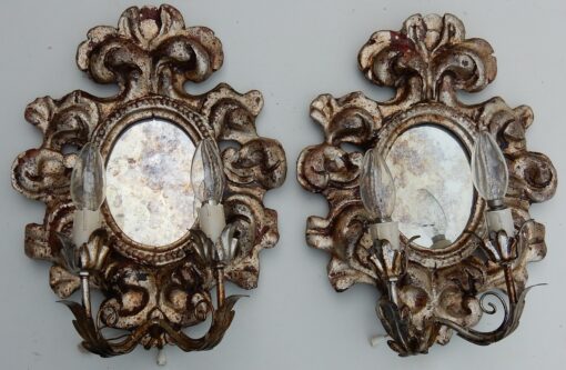 1950' Paire d Appliques Renaissance Italienne de Style En Bois Argenté