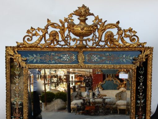 1880/1900' Miroir Venise et Bronze Doré Rectangulaire à Fronton Avec Cadre en Verre Orné de Fleurs Emaillées Fond Noir 137 X 83 cm – Image 6