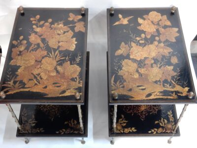 1950' Paire de Tables Maison Bagués Decor Bambou en Bronze Doré Avec Plateaux Laque de Chine
