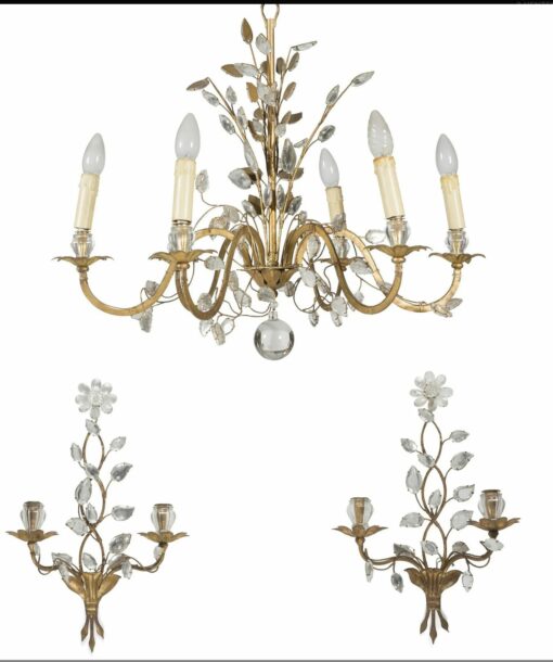 1950/70 Chandelier And Pair Of Walls Sconces Maison Baguès Foliage And Flowers