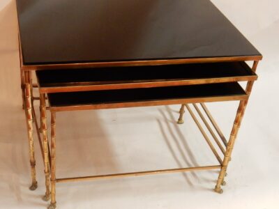 1970 'Series of 3 Nesting Tables Maison Baguès Bamboo Model, 3 Black Opaline Trays 67 X 46 X H 45 cm