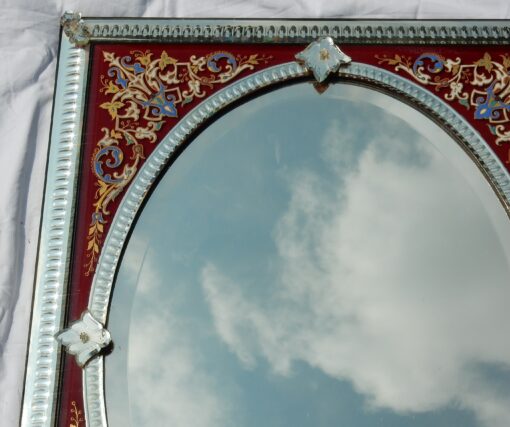 1880/1900 Venitian Mirror With Pediment, Red Color Glass Support Adorned with Flowers - Image 6