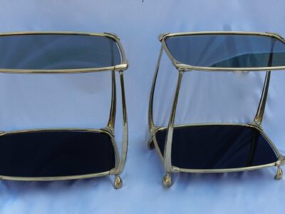 1970/80 'Pair of Gilt Bronze Tables in 2 Levels In The Style of Art Nouveau Trays Glass and Opaline 52 X 37 cm