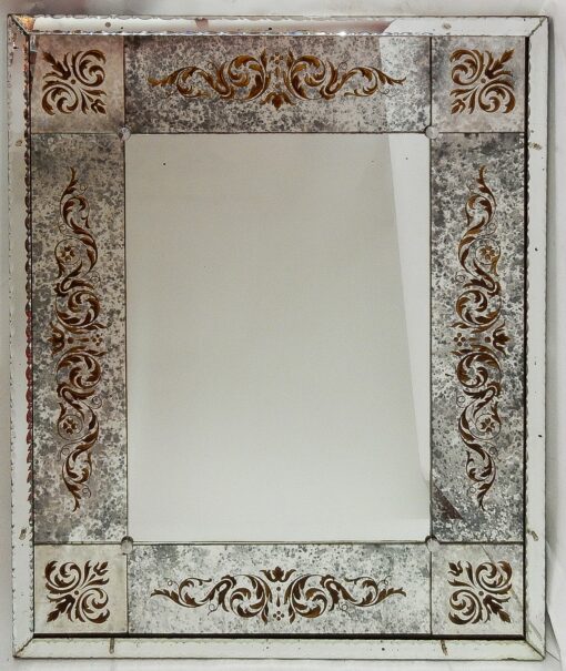 1970' Miroir Venise Oxydé Vieilli A Décors Eglomisés 120 x 100 cm