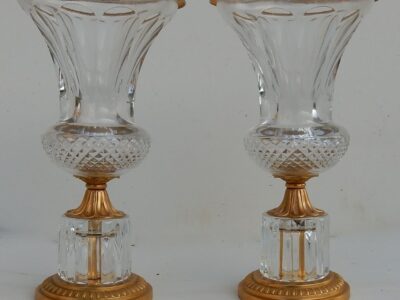 1970' Pair Of Cristal And Gilted Bronze Urns