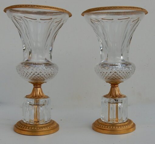 1970' Pair Of Cristal And Gilted Bronze Urns