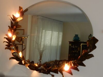 1970/80' Miroir Éclairant  Décor Bambou au Feuillage Style Duval Brasseur Par Barbier Pour Maison Jansen  180 X 140 cm Pièce Unique De Commande