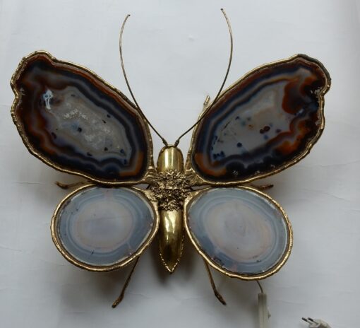 Bronze or brass butterfly sconce, 4 bulbs, agate wings, good condition, circa 1970, Wings: 53 X 50 H CM - Image 2