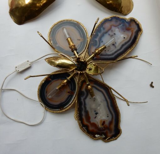 Bronze or brass butterfly sconce, 4 bulbs, agate wings, good condition, circa 1970, Wings: 53 X 50 H CM - Image 9