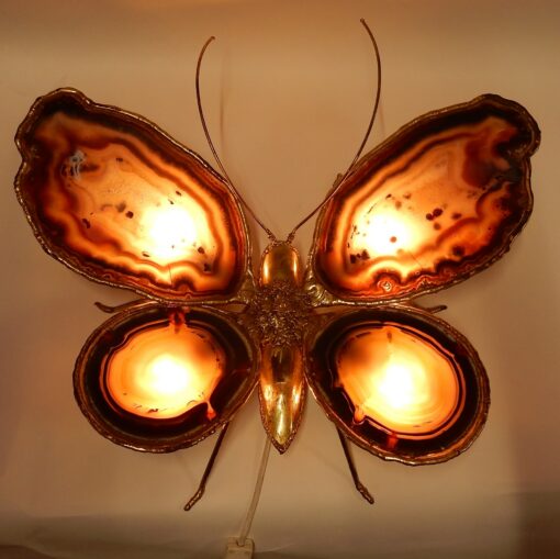 Bronze or brass butterfly sconce, 4 bulbs, agate wings, good condition, circa 1970, Wings: 53 X 50 H CM