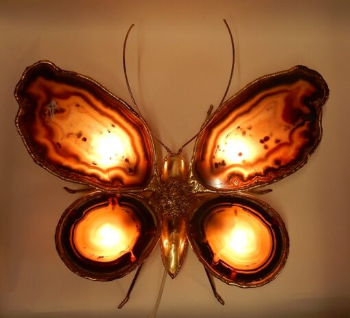Bronze or brass butterfly sconce, 4 bulbs, agate wings, good condition, circa 1970, Wings: 53 X 50 H CM - Image 12