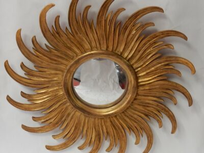 1950/70 ' Miroir Soleil Rayons Tournants Convexe, Bois Doré Diametre 58 Cm