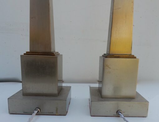 1950/70 Pair Of Lamps In Brass And Bronze Obelisks Silver And Gold Signed Charles - Image 3