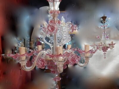 1950/70 Pair of Murano Chandeliers 5 Arms Natural Crystal and Pink Crystal