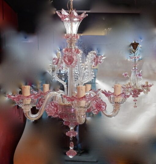 1950/70 Paire de Lustres Murano 5 Bras Cristal Naturel et Cristal Couleur Rose – Image 3