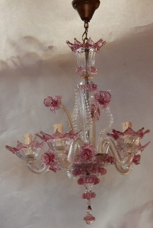 1950/70 Paire de Lustres Murano 5 Bras Cristal Naturel et Cristal Couleur Rose – Image 6