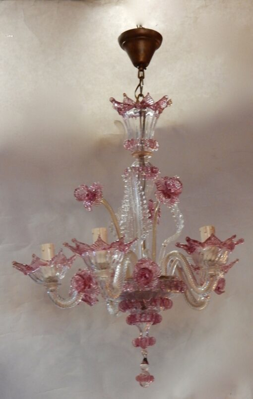 1950/70 Paire de Lustres Murano 5 Bras Cristal Naturel et Cristal Couleur Rose – Image 7