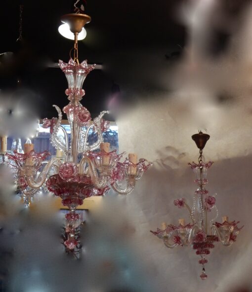1950/70 Paire de Lustres Murano 5 Bras Cristal Naturel et Cristal Couleur Rose – Image 8