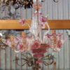 1950/70 Pair of Murano Chandeliers 5 Arms Natural Crystal and Pink Crystal - Image 9