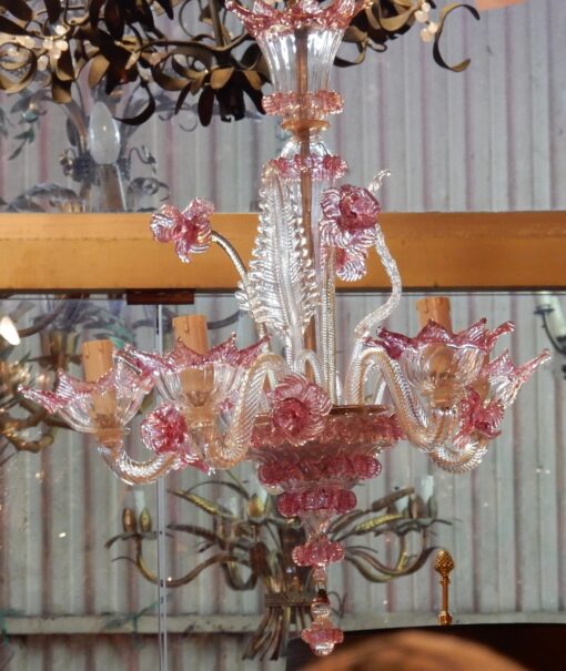 1950/70 Paire de Lustres Murano 5 Bras Cristal Naturel et Cristal Couleur Rose – Image 9