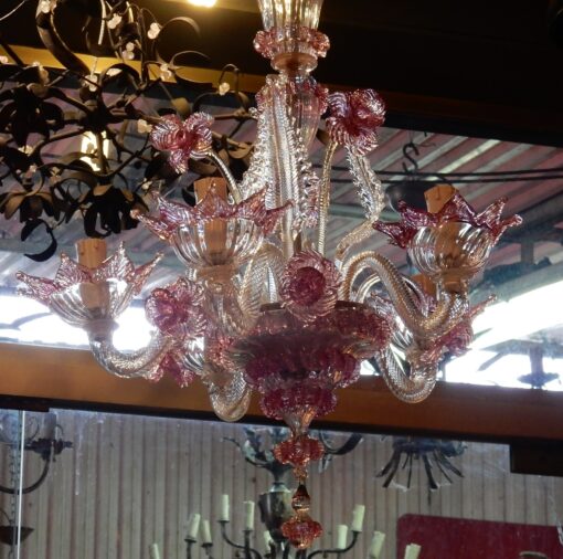 1950/70 Paire de Lustres Murano 5 Bras Cristal Naturel et Cristal Couleur Rose – Image 11
