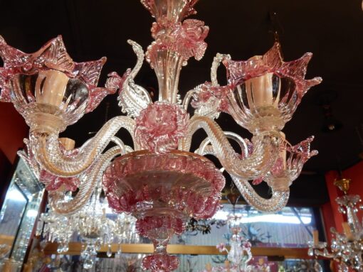 1950/70 Paire de Lustres Murano 5 Bras Cristal Naturel et Cristal Couleur Rose – Image 12