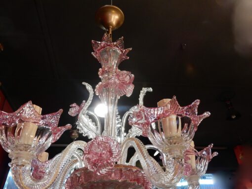 1950/70 Paire de Lustres Murano 5 Bras Cristal Naturel et Cristal Couleur Rose – Image 13