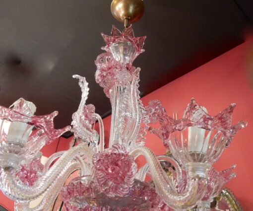 1950/70 Paire de Lustres Murano 5 Bras Cristal Naturel et Cristal Couleur Rose – Image 14