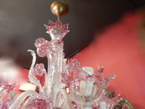 1950/70 Paire de Lustres Murano 5 Bras Cristal Naturel et Cristal Couleur Rose – Image 15