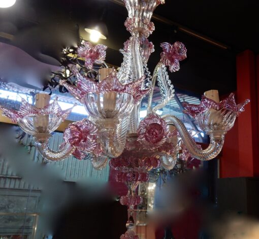 1950/70 Paire de Lustres Murano 5 Bras Cristal Naturel et Cristal Couleur Rose – Image 16