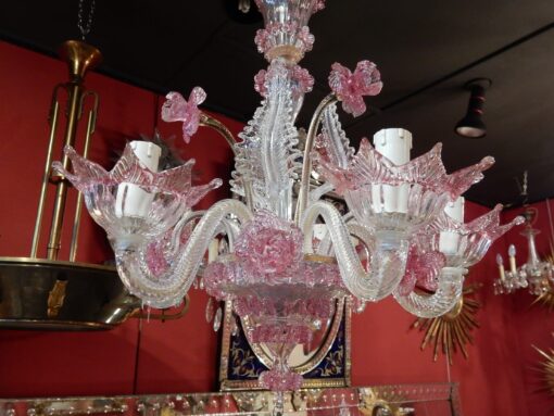 1950/70 Paire de Lustres Murano 5 Bras Cristal Naturel et Cristal Couleur Rose – Image 18