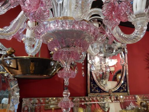 1950/70 Paire de Lustres Murano 5 Bras Cristal Naturel et Cristal Couleur Rose – Image 20