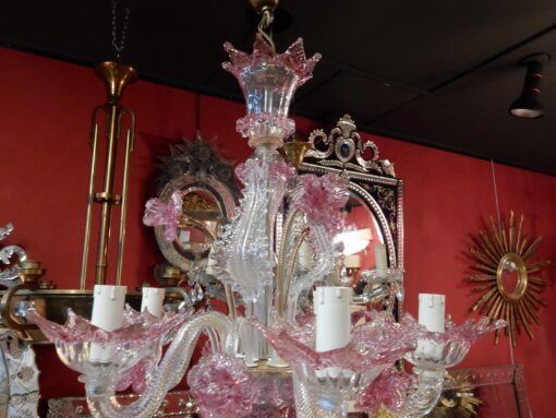 1950/70 Paire de Lustres Murano 5 Bras Cristal Naturel et Cristal Couleur Rose – Image 21