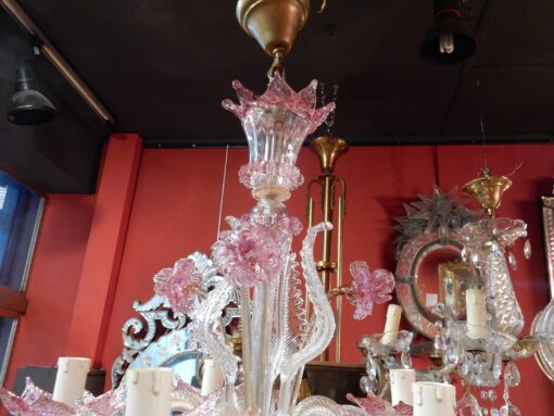 1950/70 Paire de Lustres Murano 5 Bras Cristal Naturel et Cristal Couleur Rose – Image 22