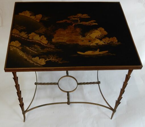 1950/70 Table Plateau Laque de Chine Maison Jansen En Bronze Décor Palmier