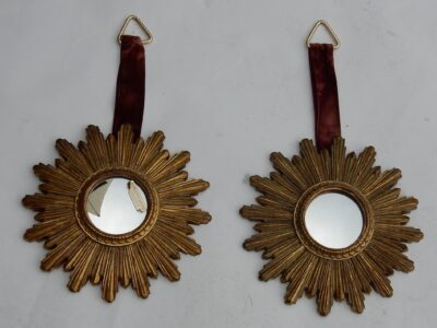 1970 ' Pair Of Convex Mirrors Sunburst In Golden Resin