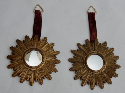 1970 ' Pair Of Convex Mirrors Sunburst In Golden Resin