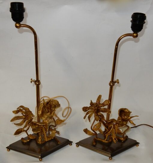 1950/70 Pair of Orchid Lamps In Silver And Gilded Bronze In the Style Of  Maison Charles Or Maison Jansen