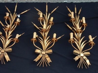 1970 'Series Of 7 Wall Lights With Reeds In Golden Iron By Hans Kogl For Maison Jansen 5 Bulbs H 104 cm