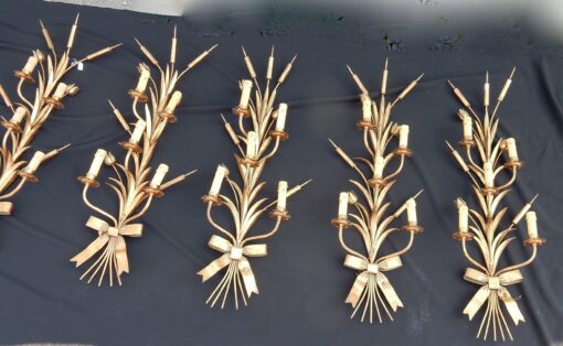 1970' Série De 7 Appliques Aux Roseaux  En Fer Doré Par Hans Kogl Pour Maison Jansen 5 Ampoules H 104 cm(Réservé) – Image 7