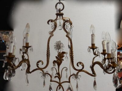 1950/70 Chandelier In Golden Metal 10 Bulbs Decor Flowers In The Style Of Maison Baguès