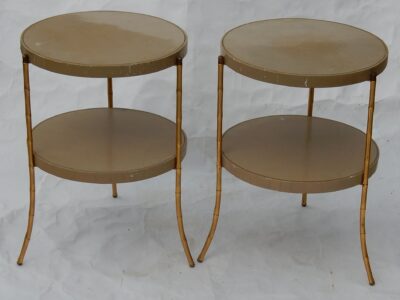 1970/80 'Pair of Bamboo Decor Tripod Pedestals, Lacquered Trays Style Maison Jansen Diameter 43 cm