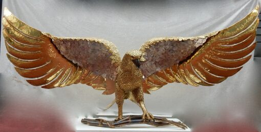 1970' Lampe A L'Aigle  Avec Ailes Déployées En Bronze Ornées De Mica Violet Style Duval Brasseur Éclairante Signée Isabelle Faure 2m30 D'Envergure – Image 19